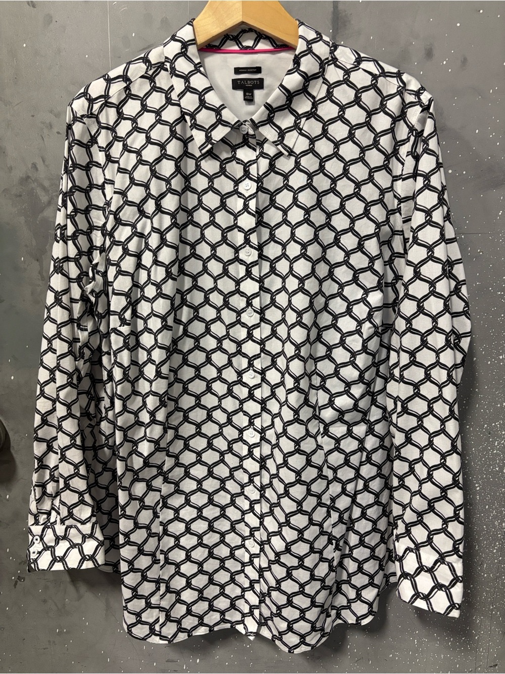 Talbots Black & White Knot-Link Button Front Blouse